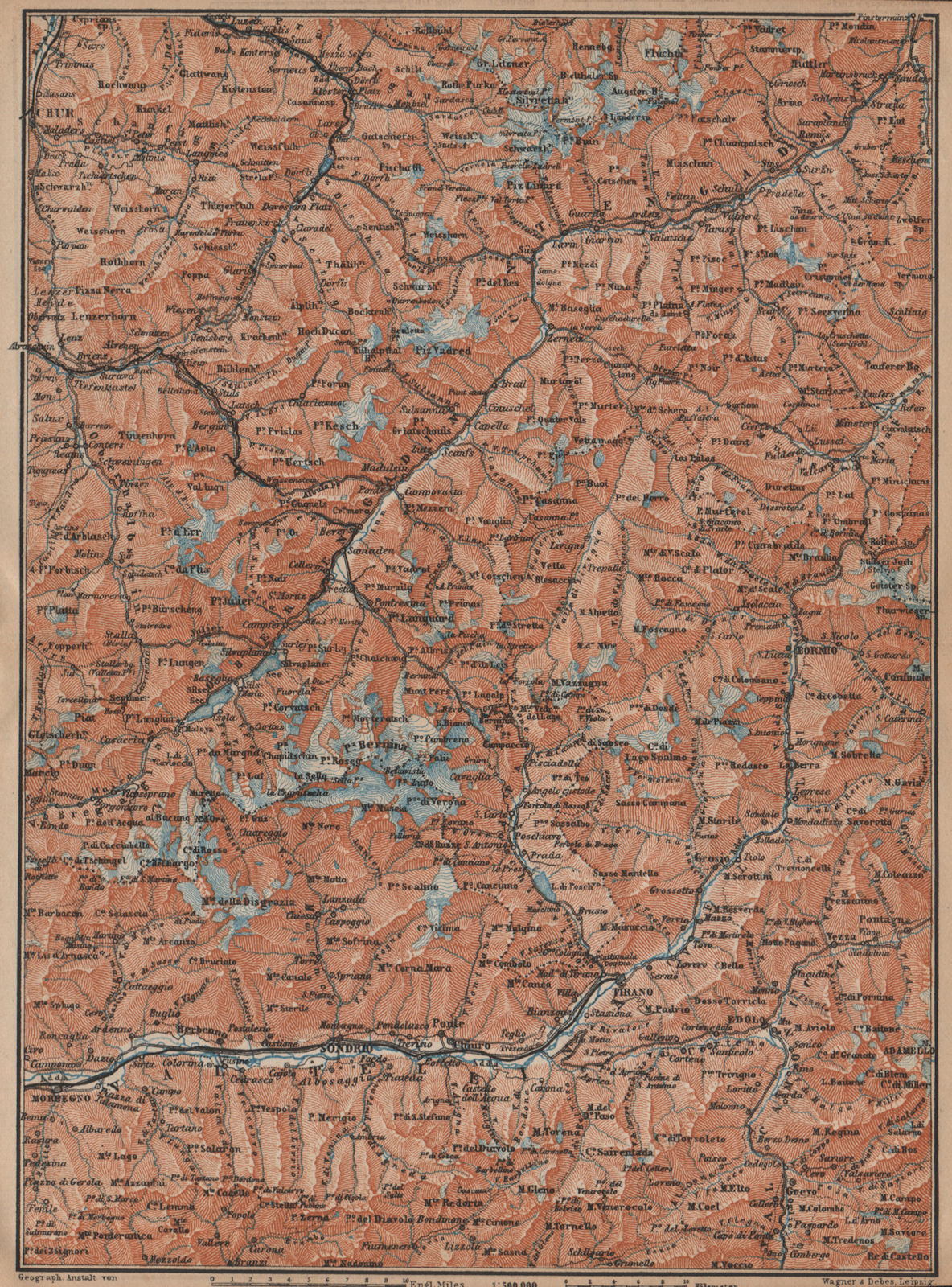 ENGADINE/VAL TELLINA. Davos Arosa Sils Bormio Livigno Sondrio Chur 1907 map